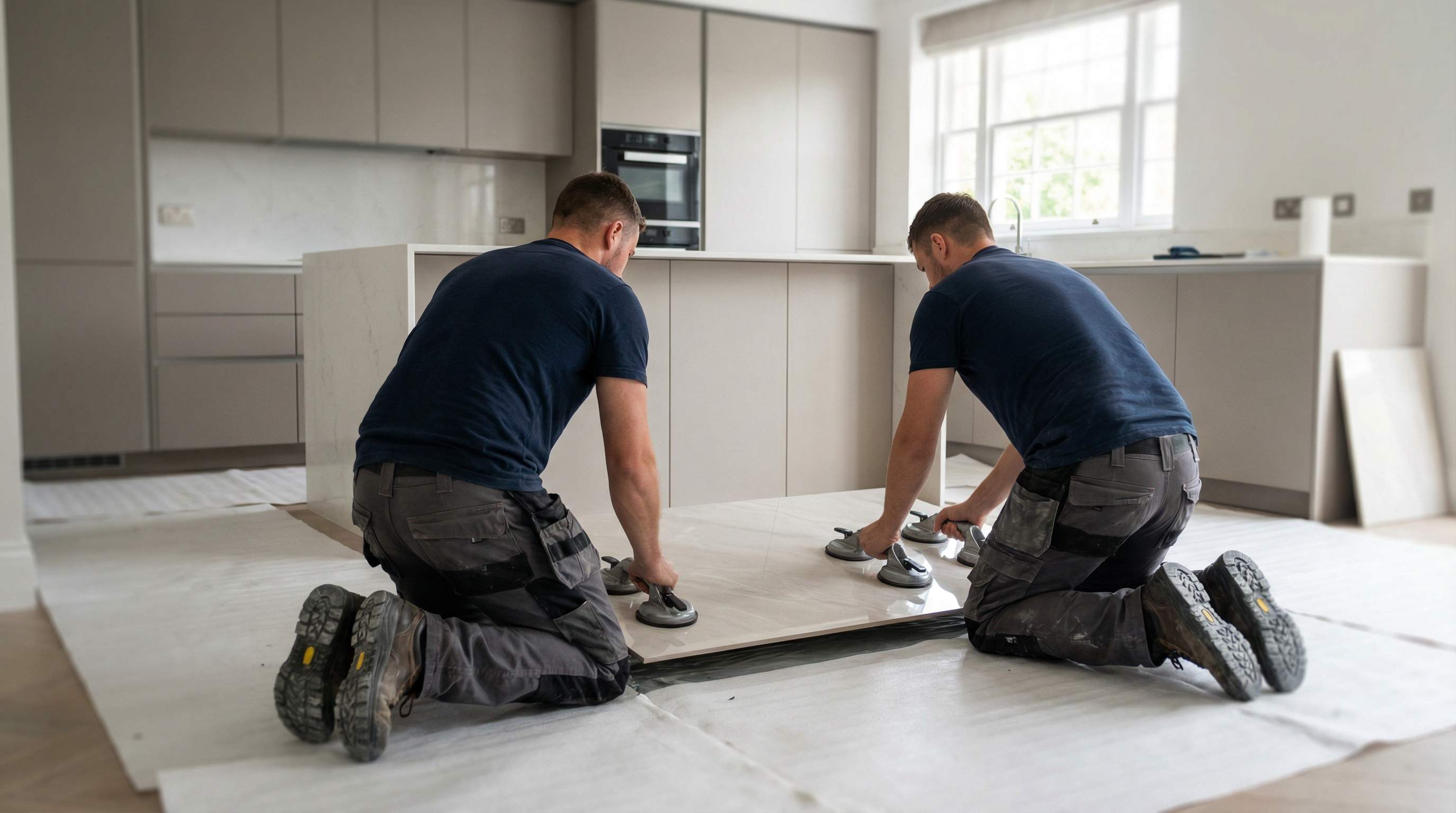Professional tilers installing large format tiles
